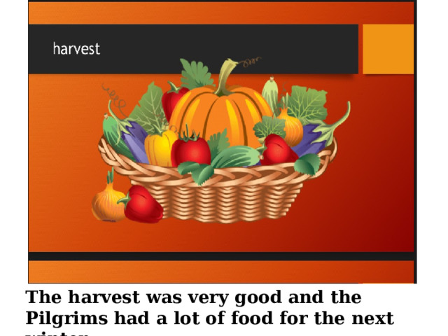 The harvest was very good and the Pilgrims had a lot of food for the next winter. 