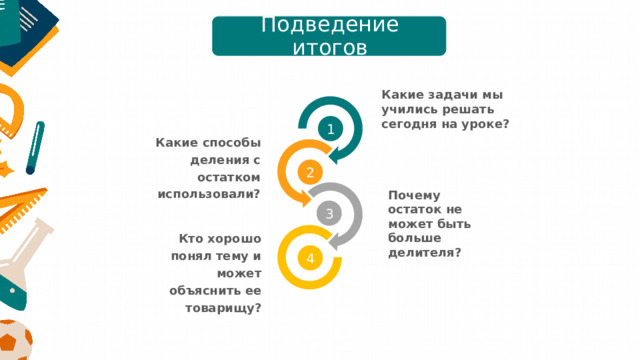 Подведение итогов Какие задачи мы учились решать сегодня на уроке? 1  Какие способы деления с остатком использовали? 2  Почему остаток не может быть больше делителя? 3  Кто хорошо понял тему и может объяснить ее товарищу? 4  