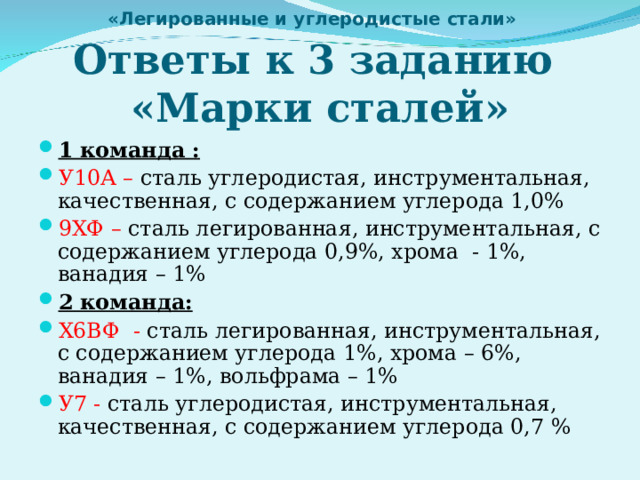 «Легированные и углеродистые стали»   Ответы к 3 заданию  «Марки сталей» 1 команда : У10А – сталь углеродистая, инструментальная, качественная, с содержанием углерода 1,0% 9ХФ – сталь легированная, инструментальная, с содержанием углерода 0,9%, хрома - 1%, ванадия – 1% 2 команда: Х6ВФ - сталь легированная, инструментальная, с содержанием углерода 1%, хрома – 6%, ванадия – 1%, вольфрама – 1% У7 - сталь углеродистая, инструментальная, качественная, с содержанием углерода 0,7 % 