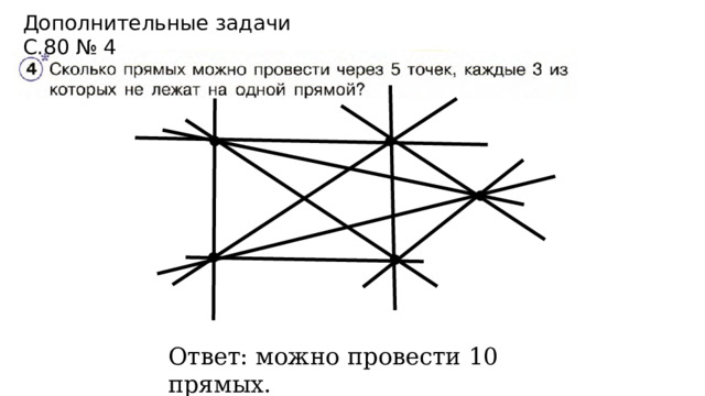 Дополнительные задачи С.80 № 4 Ответ: можно провести 10 прямых. 