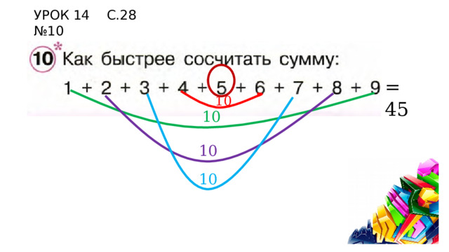 УРОК 14 С.28 №10 = 45 10 10 10 10 