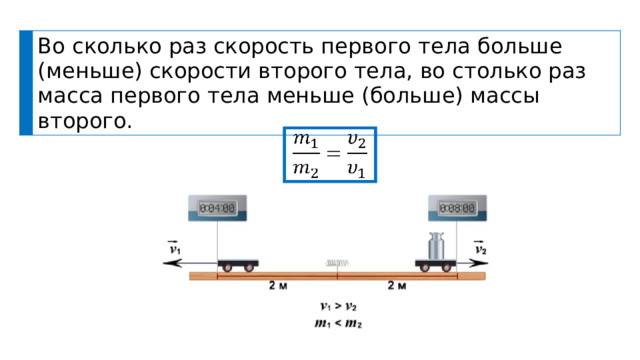 Во сколько раз скорость первого тела больше (меньше) скорости второго тела, во столько раз масса первого тела меньше (больше) массы второго.   