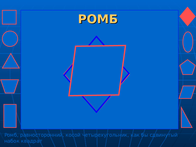 РОМБ Ромб, равносторонний, косой четырехугольник, как бы сдвинутый набок квадрат 