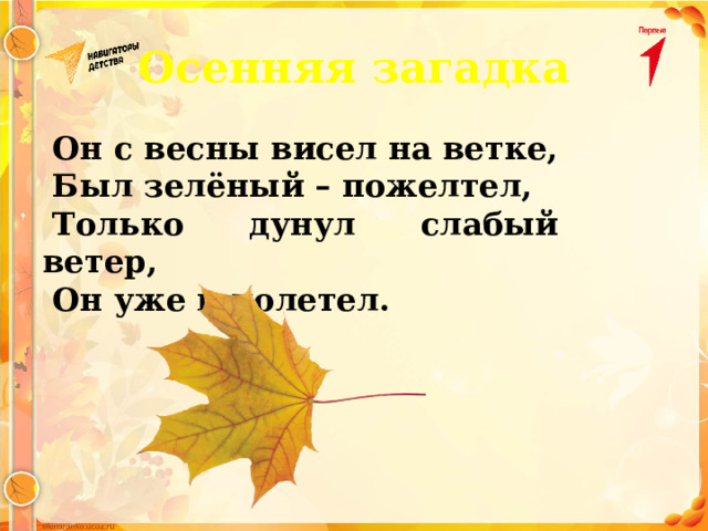 Осенняя загадка Он с весны висел на ветке, Был зелёный – пожелтел, Только дунул слабый ветер, Он уже и полетел. 