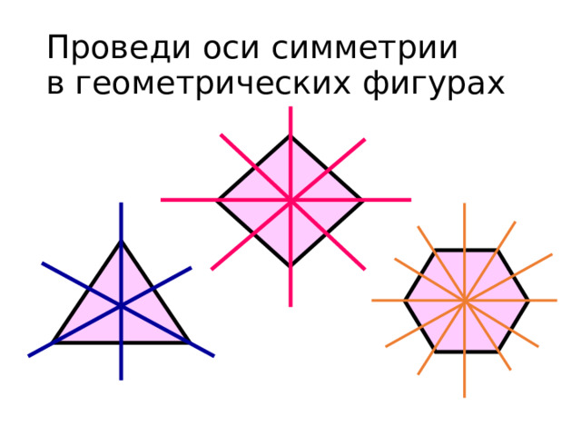 Проведи оси симметрии  в геометрических фигурах 