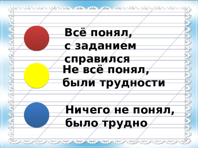 Всё понял, с заданием справился Не всё понял, были трудности Ничего не понял, было трудно 