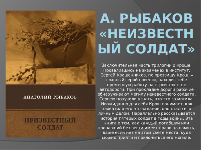 А. Рыбаков «Неизвестный солдат» Заключительная часть трилогии о Кроше. Провалившись на экзаменах в институт, Сергей Крашенников, по прозвищу Крош, – главный герой повести, находит себе временную работу на строительстве автодороги. При прокладке дороги рабочие обнаруживают могилу неизвестного солдата. Сергею поручили узнать, что это за могила. Неожиданно для себя Крош понимает, как захватило его это задание, оно стало его личным делом. Параллельно рассказывается история пятерых солдат в годы войны. Эта книга о том, как каждый погибший или пропавший без вести имеет право на память, даже если нет на этом свете места, куда можно прийти и поклониться его могиле. 