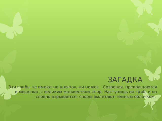 ЗАГАДКА Эти грибы не имеют ни шляпок, ни ножек . Созревая, превращаются в мешочки ,с великим множеством спор. Наступишь на гриб, и он словно взрывается- споры вылетают тёмным облачком.