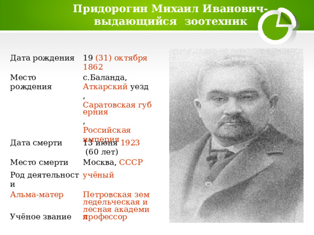 Придорогин Михаил Иванович-  выдающийся зоотехник Дата рождения 19  (31) октября   1862 Место рождения с.Баланда,  Аткарский уезд ,  Саратовская губерния ,  Дата смерти Российская империя 13 июня   1923   (60 лет) Место смерти Москва ,  СССР Род деятельности Учёное звание 