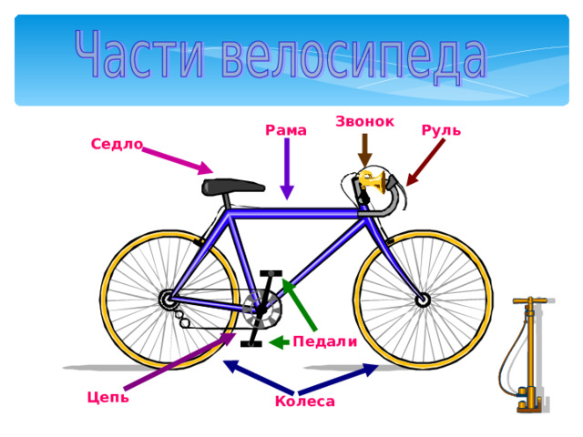 Звонок Руль Рама Седло Педали Цепь Колеса 