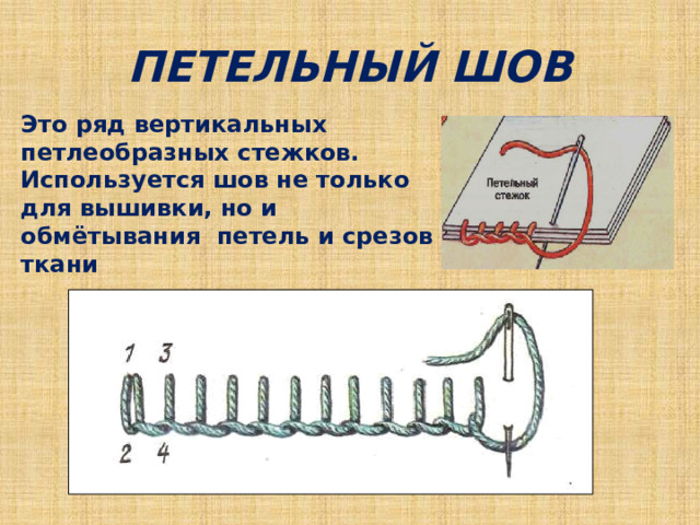 ПЕТЕЛЬНЫЙ ШОВ Это ряд вертикальных петлеобразных стежков. Используется шов не только для вышивки, но и обмётывания петель и срезов ткани 