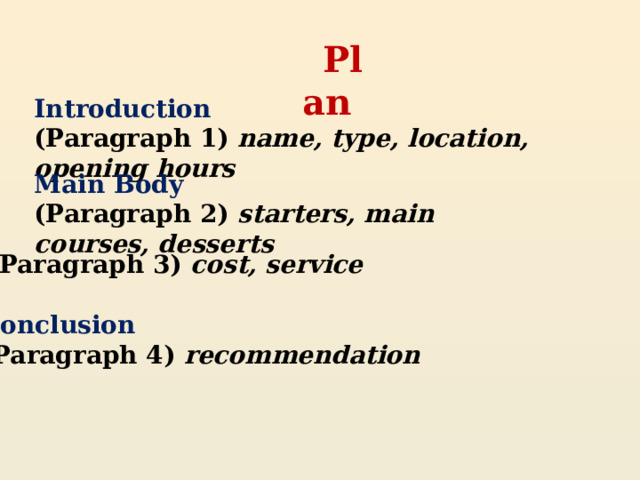 Plan Introduction (Paragraph 1) name, type, location,  opening hours Main Body (Paragraph 2) starters, main courses, desserts  (Paragraph 3) cost, service Conclusion (Paragraph 4) recommendation