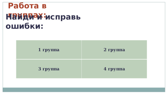 Работа в группах: Найди и исправь ошибки: 1 группа 3 группа 2 группа 4 группа 