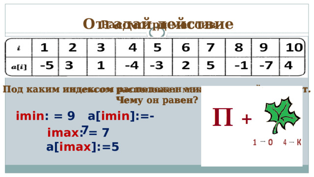 Рассмотри массив Отгадай действие Под каким индексом расположен минимальный элемент. Под каким индексом расположен максимальный элемент. Чему он равен? Чему он равен? imin : = 9 a[ imin ]:=-7 imax : = 7 a[ imax ]:=5 
