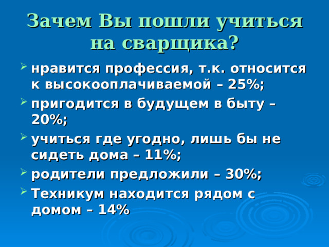 Зачем Вы пошли учиться на сварщика? нравится профессия, т.к. относится к высокооплачиваемой – 25%; пригодится в будущем в быту – 20%; учиться где угодно, лишь бы не сидеть дома – 11%; родители предложили – 30%; Техникум находится рядом с домом – 14% 