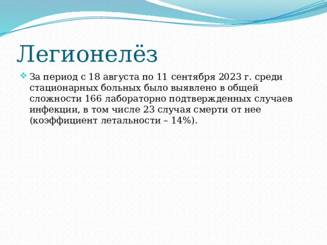 Легионелёз За период с 18 августа по 11 сентября 2023 г. среди стационарных больных было выявлено в общей сложности 166 лабораторно подтвержденных случаев инфекции, в том числе 23 случая смерти от нее (коэффициент летальности – 14%). 