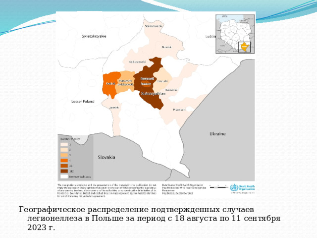                 Географическое распределение подтвержденных случаев легионеллеза в Польше за период с 18 августа по 11 сентября 2023 г. 