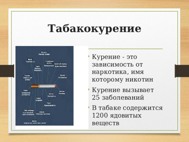 Табакокурение Курение - это зависимость от наркотика, имя которому никотин Курение вызывает 25 заболеваний В табаке содержится 1200 ядовитых веществ 