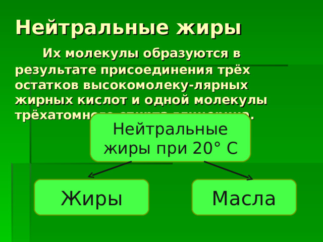  Нейтральные жиры   Их молекулы образуются в результате присоединения трёх остатков высокомолеку-лярных жирных кислот и одной молекулы трёхатомного спирта глицерина.   Нейтральные жиры при 20° С Масла Жиры 