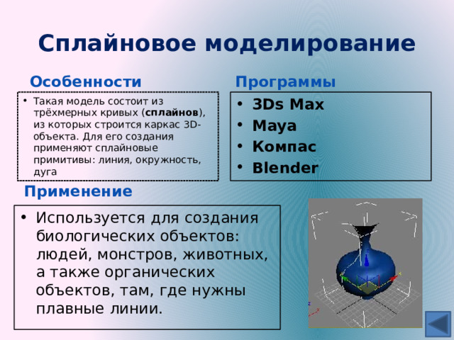 Сплайновое моделирование Особенности Программы Такая модель состоит из трёхмерных кривых ( сплайнов ), из которых строится каркас 3D-объекта. Для его создания применяют сплайновые примитивы: линия, окружность, дуга 3Ds Max Maya Компас Blender Применение Используется для создания биологических объектов: людей, монстров, животных, а также органических объектов, там, где нужны плавные линии. 