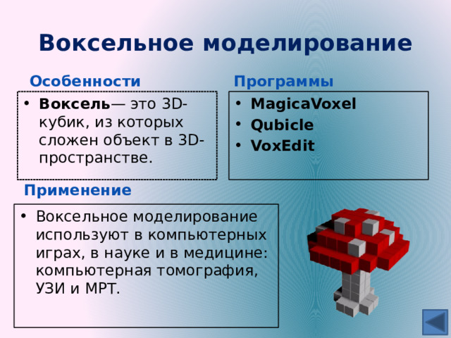 Воксельное моделирование Особенности Программы Воксель — это 3D-кубик, из которых сложен объект в 3D-пространстве. MagicaVoxel Qubicle VoxEdit  Применение Воксельное моделирование используют в компьютерных играх, в науке и в медицине: компьютерная томография, УЗИ и МРТ. 
