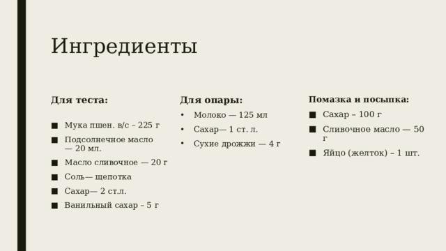 Ингредиенты Для теста: Мука пшен. в/с – 225 г Подсолнечное масло — 20 мл. Масло сливочное — 20 г Соль— щепотка Сахар— 2 ст.л. Ванильный сахар – 5 г Для опары: Молоко — 125 мл Сахар— 1 ст. л. Сухие дрожжи — 4 г  Помазка и посыпка: Сахар – 100 г Сливочное масло — 50 г Яйцо (желток) – 1 шт.