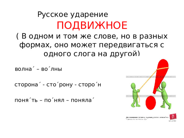  Русское ударение  ПОДВИЖНОЕ  ( В одном и том же слове, но в разных формах, оно может передвигаться с одного слога на другой)  волна´ – во´лны  сторона´ - сто´рону - сторо´н  поня´ть – по´нял – поняла´ хихииииии 