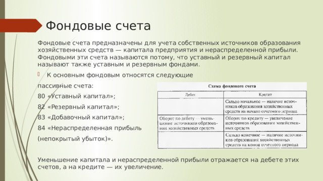 Фондовые счета Фондовые счета предназначены для учета собственных источников образования хозяйственных средств — капитала предприятия и нераспределенной прибыли. Фондовыми эти счета называются потому, что уставный и резервный капитал называют также уставным и резервным фондами. К основным фондовым относятся следующие пассивные счета: 80 «Уставный капитал»; 82 «Резервный капитал»; 83 «Добавочный капитал»; 84 «Нераспределенная прибыль (непокрытый убыток)». Уменьшение капитала и нераспределенной прибыли отражается на дебете этих счетов, а на кредите — их увеличение. 