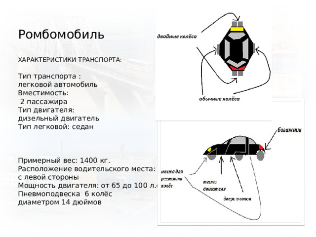 Ромбомобиль ХАРАКТЕРИСТИКИ ТРАНСПОРТА: Тип транспорта : легковой автомобиль Вместимость:  2 пассажира Тип двигателя: дизельный двигатель Тип легковой: седан Примерный вес: 1400 кг. Расположение водительского места: с левой стороны Мощность двигателя: от 65 до 100 л.с. Пневмоподвеска 6 колёс диаметром 14 дюймов 