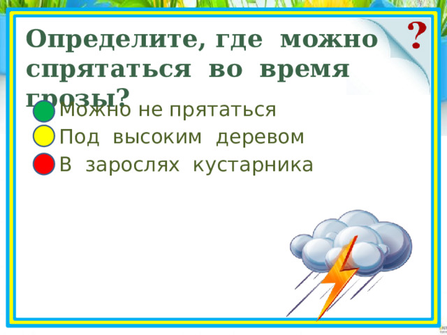 Определите, где можно спрятаться во время грозы?  Можно не прятаться  Под высоким деревом  В зарослях кустарника 