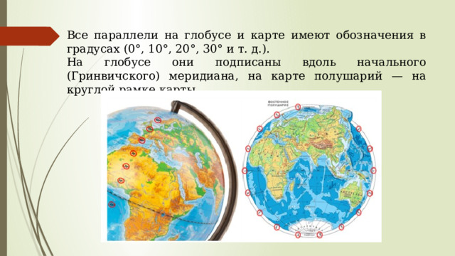 Все параллели на глобусе и карте имеют обозначения в градусах (0°, 10°, 20°, 30° и т. д.). На глобусе они подписаны вдоль начального (Гринвичского) меридиана, на карте полушарий — на круглой рамке карты. 