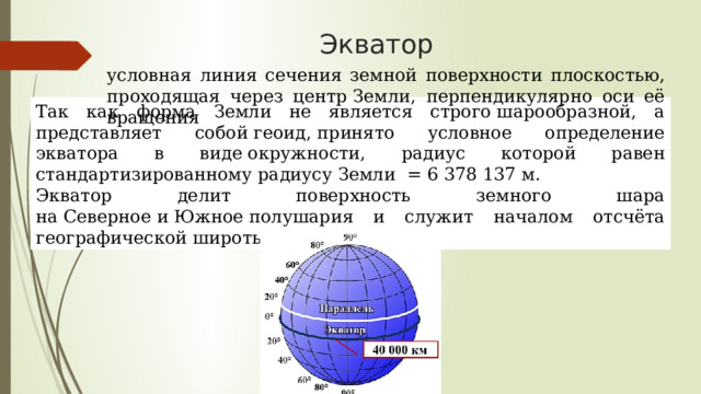 Экватор условная линия сечения земной поверхности плоскостью, проходящая через центр Земли, перпендикулярно оси её вращения Так как форма Земли не является строго шарообразной, а представляет собой геоид, принято условное определение экватора в виде окружности, радиус которой равен стандартизированному радиусу Земли = 6 378 137 м. Экватор делит поверхность земного шара на Северное и Южное полушария и служит началом отсчёта географической широты. Длина окружности следовательно длина экватора 40 075 км Длина окружности =2𝜋𝑟^ следовательно длина экватора 40 075 км  