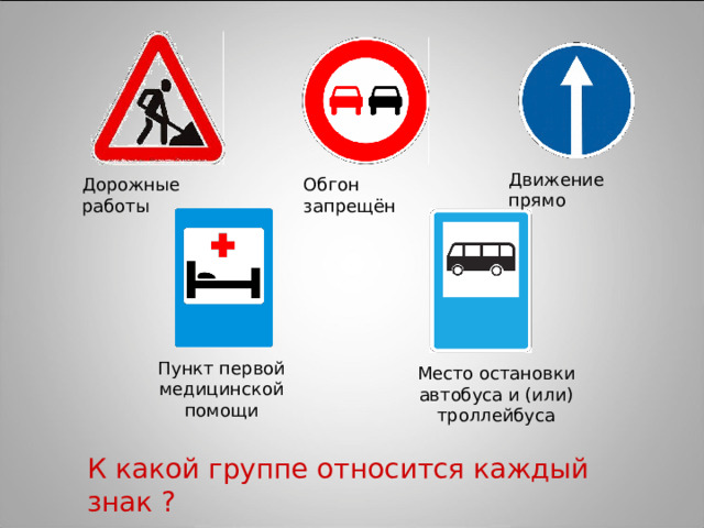 Движение прямо Дорожные работы Обгон запрещён Пункт первой медицинской помощи Место остановки автобуса и (или) троллейбуса К какой группе относится каждый знак ? 