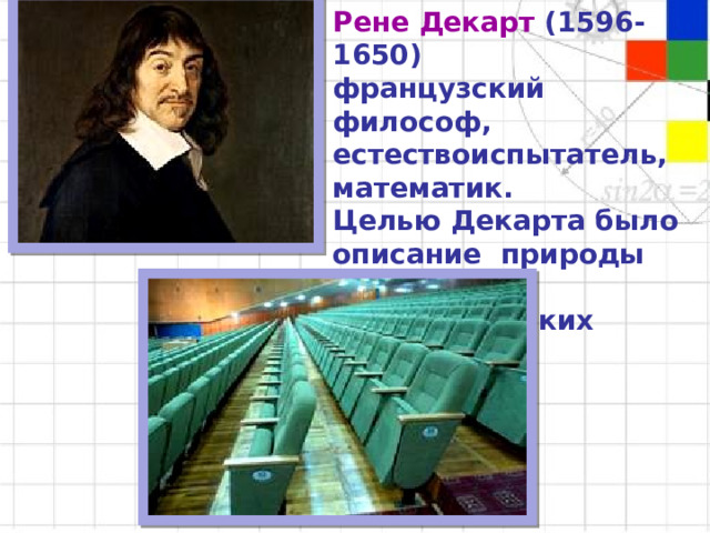 Рене Декарт (1596-1650) французский философ, естествоиспытатель, математик. Целью Декарта было описание природы при помощи математических законов. 