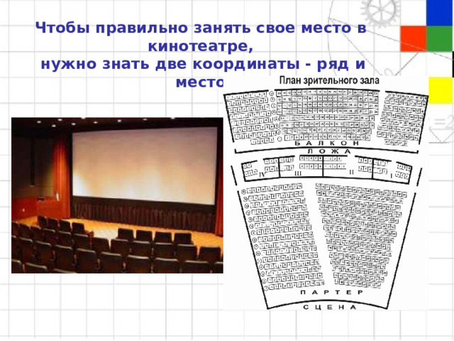 Чтобы правильно занять свое место в кинотеатре,  нужно знать две координаты - ряд и место 