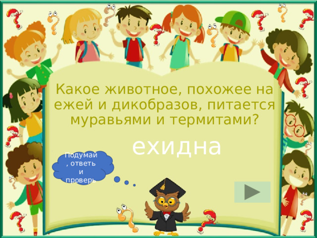 Какое животное, похожее на ежей и дикобразов, питается муравьями и термитами? ехидна Подумай, ответь и проверь 