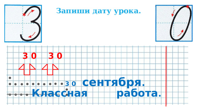 Запиши дату урока.  3 0 3 0   .  3 0  сентября . . . . . . . . . . . . Классная работа . . . . . . 