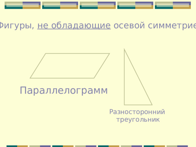 Фигуры, не обладающие осевой симметрией Параллелограмм Разносторонний треугольник 