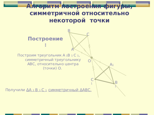 Алгоритм построения фигуры, симметричной относительно некоторой точки В  Построение: С  А Построим треугольник А 1 В 1 С 1 , симметричный треугольнику АВС, относительно центра (точки) О. О А 1 С 1 В 1 Получили ∆А 1 В 1 С 1  симметричный ∆АВС. 