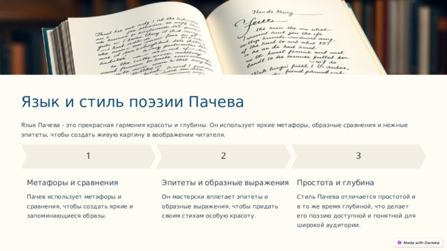 Язык и стиль поэзии Пачева Язык Пачева - это прекрасная гармония красоты и глубины. Он использует яркие метафоры, образные сравнения и нежные эпитеты, чтобы создать живую картину в воображении читателя. Метафоры и сравнения Эпитеты и образные выражения Простота и глубина Пачев использует метафоры и сравнения, чтобы создать яркие и запоминающиеся образы. Он мастерски вплетает эпитеты и образные выражения, чтобы придать своим стихам особую красоту. Стиль Пачева отличается простотой и в то же время глубиной, что делает его поэзию доступной и понятной для широкой аудитории.  