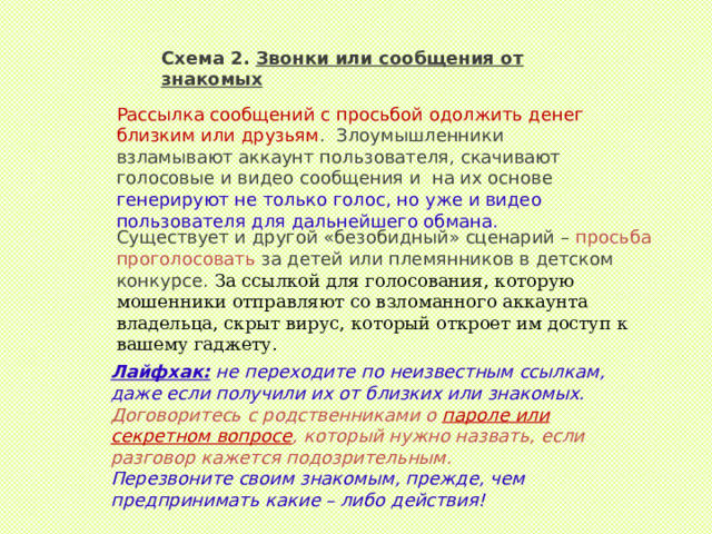 Схема 2. Звонки или сообщения от знакомых Рассылка сообщений с просьбой одолжить денег близким или друзьям .  Злоумышленники взламывают аккаунт пользователя, скачивают голосовые и видео сообщения и на их основе генерируют не только голос, но уже и видео пользователя для дальнейшего обмана.  Существует и другой «безобидный» сценарий – просьба проголосовать за детей или племянников в детском конкурсе.  За ссылкой для голосования, которую мошенники отправляют со взломанного аккаунта владельца, скрыт вирус, который откроет им доступ к вашему гаджету. Лайфхак:  не переходите по неизвестным ссылкам, даже если получили их от близких или знакомых. Договоритесь с родственниками о пароле или секретном вопросе , который нужно назвать, если разговор кажется подозрительным.   Перезвоните своим знакомым, прежде, чем предпринимать какие – либо действия! 