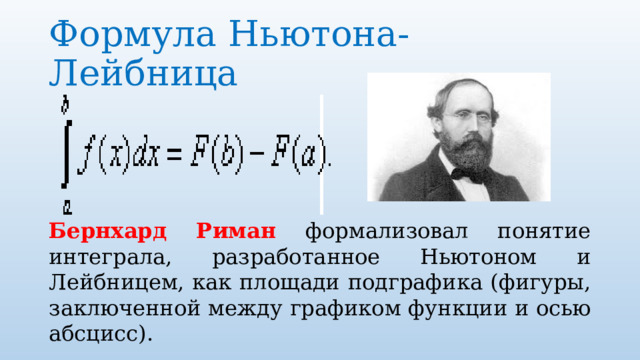 Формула Ньютона-Лейбница Бернхард Риман формализовал понятие интеграла, разработанное Ньютоном и Лейбницем, как площади подграфика (фигуры, заключенной между графиком функции и осью абсцисс). 