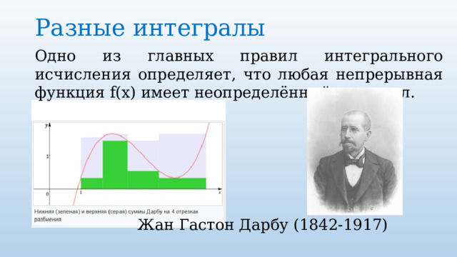 Разные интегралы   Одно из главных правил интегрального исчисления определяет, что любая непрерывная функция f(x) имеет неопределённый интеграл.       Жан Гастон Дарбу (1842-1917) 