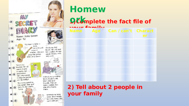 Homework 1)Complete the fact file of your family Name Age Can / can’t Character 2) Tell about 2 people in your family 