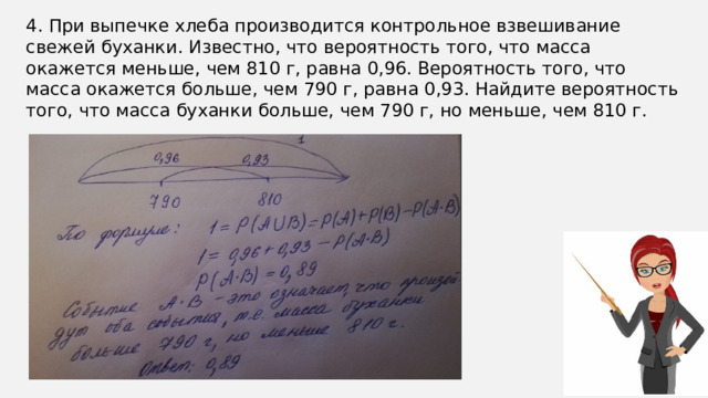 4. При выпечке хлеба производится контрольное взвешивание свежей буханки. Известно, что вероятность того, что масса окажется меньше, чем 810 г, равна 0,96. Вероятность того, что масса окажется больше, чем 790 г, равна 0,93. Найдите вероятность того, что масса буханки больше, чем 790 г, но меньше, чем 810 г. 