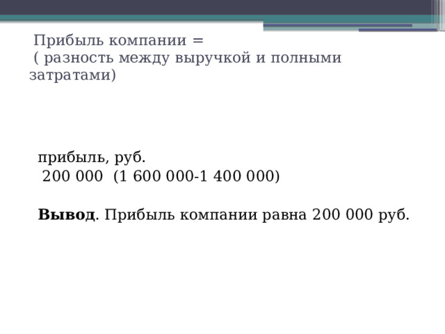  Прибыль компании =  ( разность между выручкой и полными затратами) прибыль, руб.  200 000 (1 600 000-1 400 000) Вывод . Прибыль компании равна 200 000 руб. 