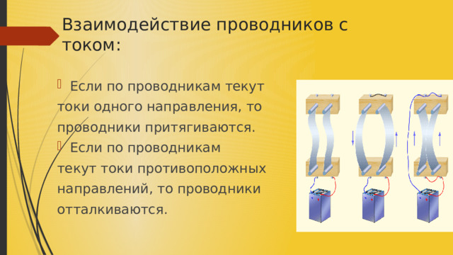 Взаимодействие проводников с током:   Если по проводникам текут токи одного направления, то проводники притягиваются. Если по проводникам текут токи противоположных направлений, то проводники отталкиваются. 