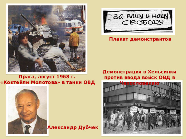 Плакат демонстрантов Демонстрация в Хельсинки против ввода войск ОВД в Чехословакию Прага, август 1968 г. «Коктейли Молотова» в танки ОВД Александр Дубчек 