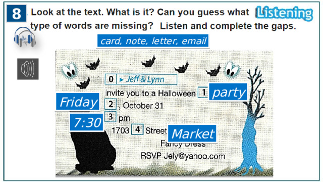 8 card, note, letter, email party Friday 7:30 Market 