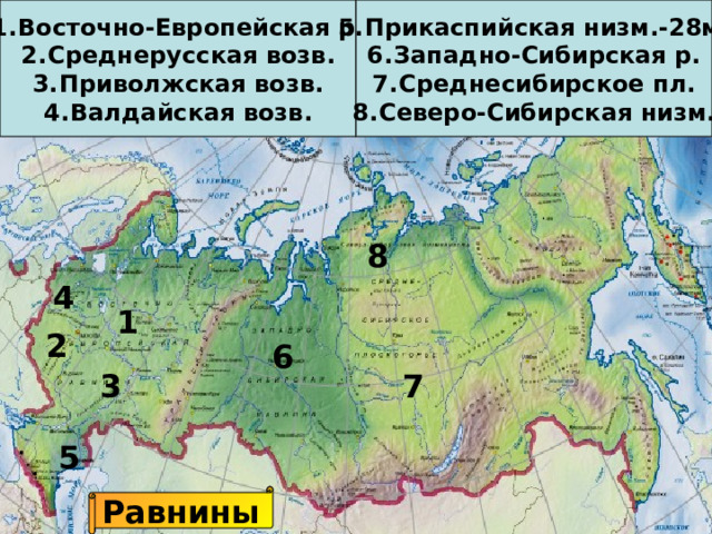 Восточно-Европейская р. Среднерусская возв. Приволжская возв. Валдайская возв. Прикаспийская низм.-28м. Западно-Сибирская р. Среднесибирское пл. Северо-Сибирская низм. 8 4 1 2 6 7 3 5 Равнины 